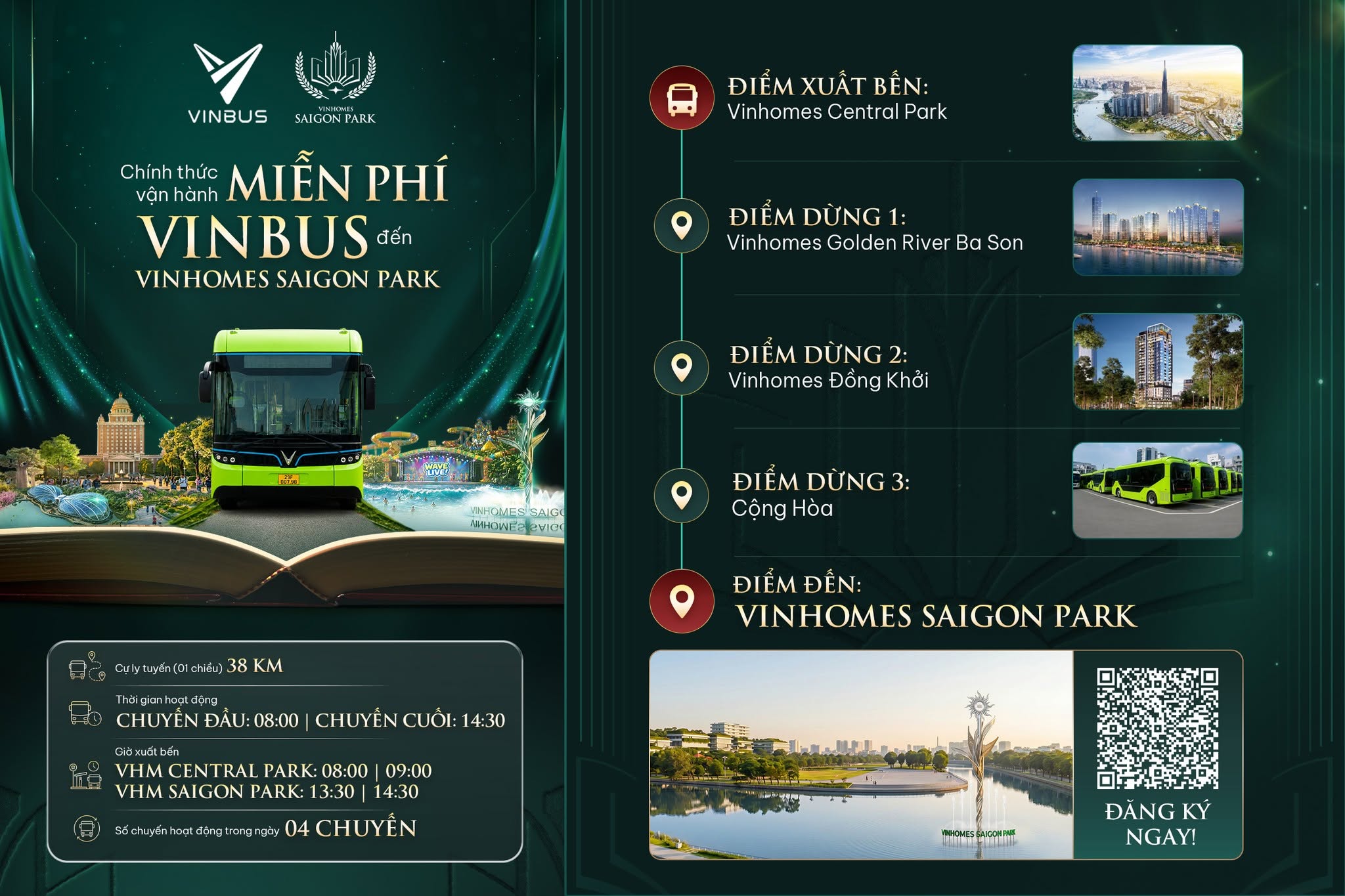 Xe buýt điện miễn phí nối Vinhomes Central Park và Saigon Park Hóc Môn